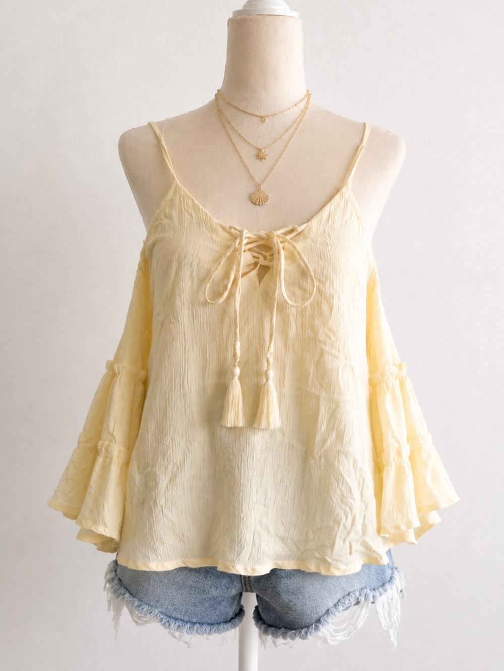Light Yellow Cold-Shoulder Tassel Tie Women's Top